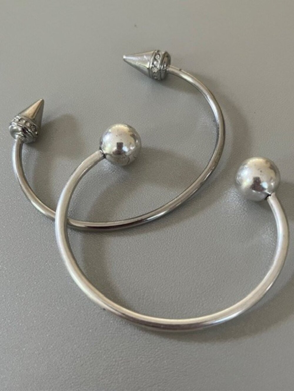 Silver Tone Open Cuff Bracelet Stack Set - Pavé Cone & Sphere